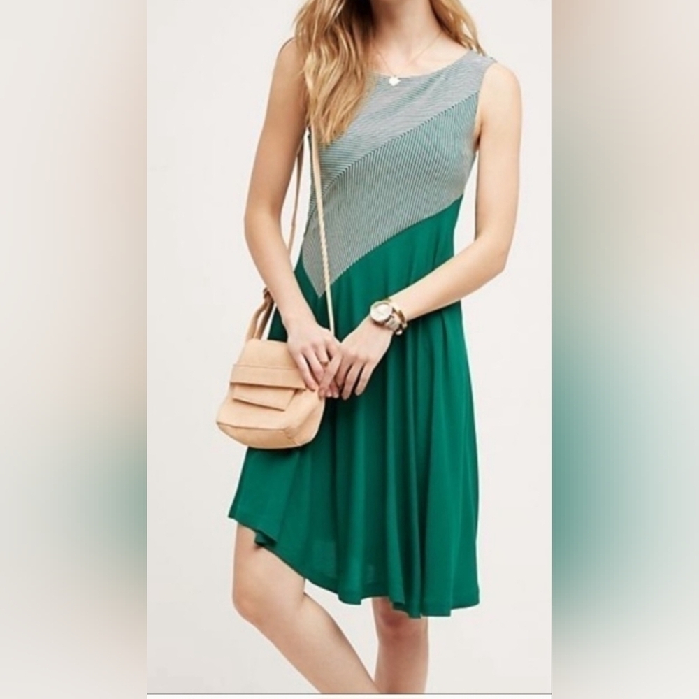 Anthropologie Maeve Cameron Striped Asymmetrical Green Striped Dress Large NEW